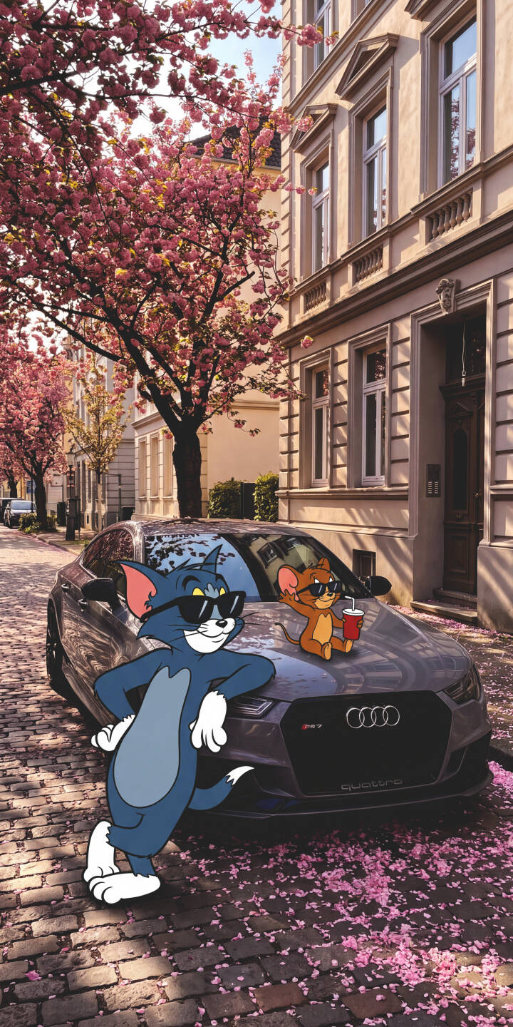 Tom and Jerry strike a stylish pose with cool sunglasses in this vibrant 4K wallpaper, featuring an Audi sports car and blooming cherry blossom trees on a charming cobblestone street. This eye-catching wallpaper is perfect for your iPhone. | cartoon aesthetic cherry blossom iphone audi tom tom and jerry jerry wallpaper mobile 4k wallpaper hd wallpaper Tom and Jerry strike a stylish pose with cool sunglasses in this vibrant 4K wallpaper, featuring an Audi sports car and blooming cherry blossom trees on a charming cobblestone street. This eye-catching wallpaper is perfect for your iPhone.