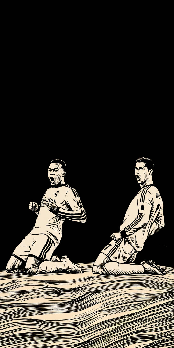 The monochrome illustration of Cristiano Ronaldo and Eden Hazard kneeling in celebration offers a striking visual in this 4K wallpaper. Fans will love this dynamic wallpaper for their iPhone, capturing an iconic football moment with distinct artistic flair. | football celebration iphone real madrid wallpaper cr7 cristiano ronaldo mobile 4k wallpaper hd wallpaper monochromatic vector art The monochrome illustration of Cristiano Ronaldo and Eden Hazard kneeling in celebration offers a striking visual in this 4K wallpaper. Fans will love this dynamic wallpaper for their iPhone, capturing an iconic football moment with distinct artistic flair.