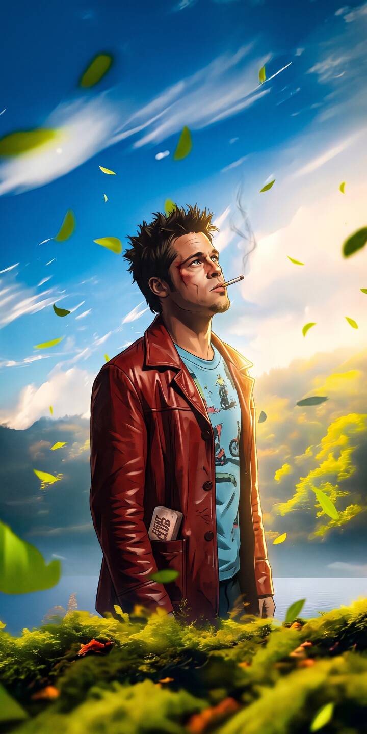 The striking red leather jacket and a lit cigarette capture Tyler Durden's iconic rebellious spirit in this stunning 4K wallpaper. With a subtle bruise on his cheek and a Fight Club matchbook in his pocket, this vivid scene of green leaves and a blue sky makes a powerful wallpaper for iPhone. | movie illustration cigarette iphone fight club wallpaper tyler durden brad pitt red jacket mobile 4k wallpaper hd wallpaper The striking red leather jacket and a lit cigarette capture Tyler Durden's iconic rebellious spirit in this stunning 4K wallpaper. With a subtle bruise on his cheek and a Fight Club matchbook in his pocket, this vivid scene of green leaves and a blue sky makes a powerful wallpaper for iPhone.