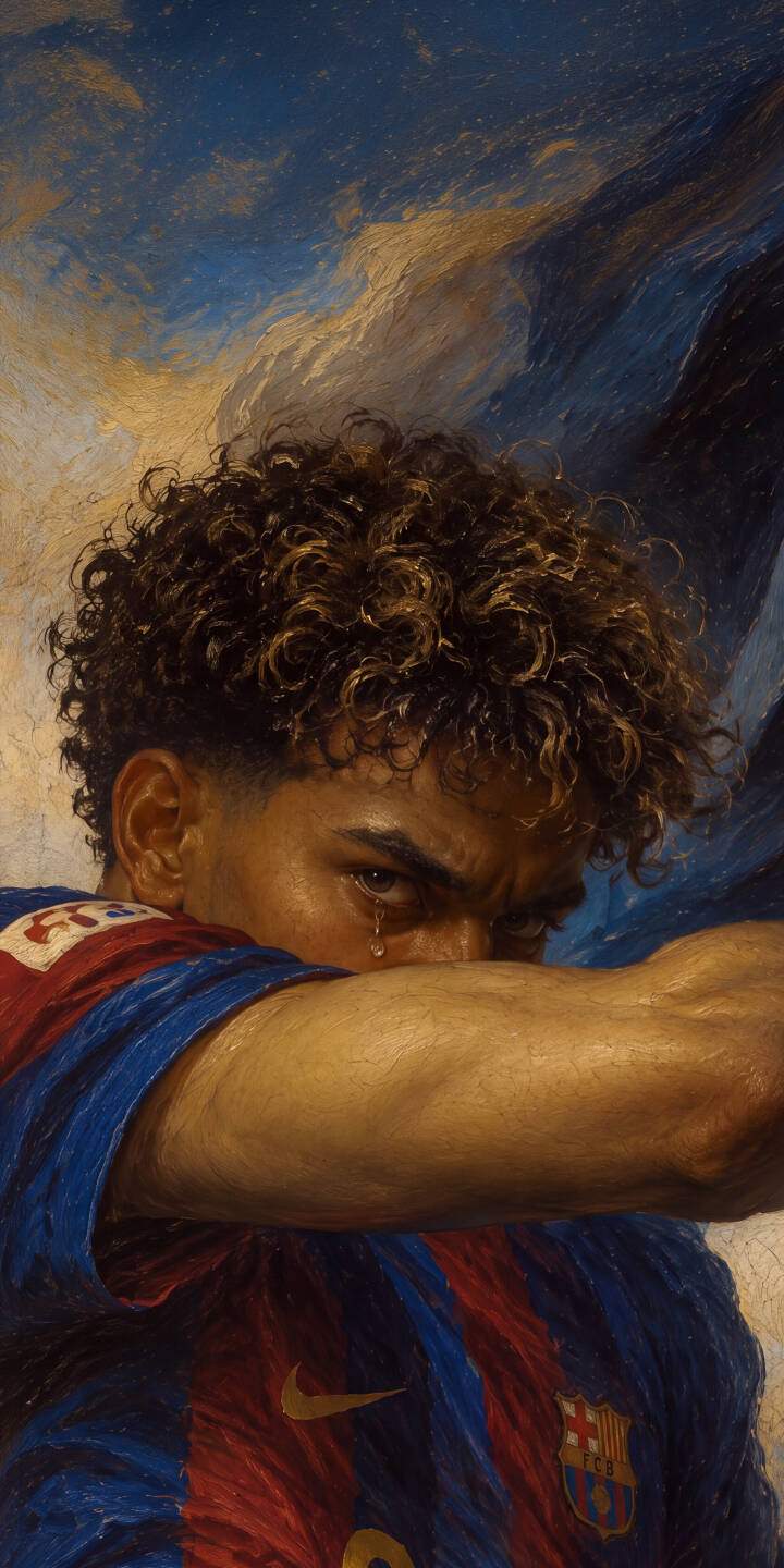 A single tear streams down the cheek of a distressed football player wearing a classic blue and red Barcelona jersey in this highly emotional 4K wallpaper. This painterly artwork captures his curly hair and the club's emblem, making it a compelling wallpaper for iPhone. | football player iphone barcelona wallpaper sad soccer player fc barcelona mobile emotional 4k wallpaper hd wallpaper painted art A single tear streams down the cheek of a distressed football player wearing a classic blue and red Barcelona jersey in this highly emotional 4K wallpaper. This painterly artwork captures his curly hair and the club's emblem, making it a compelling wallpaper for iPhone.