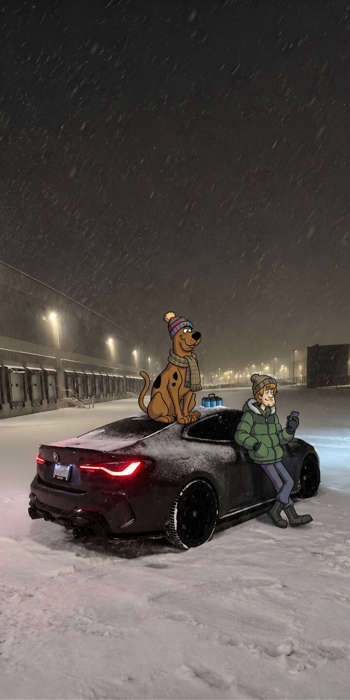Snow falls heavily as Scooby-Doo and Shaggy brave a dark winter night, with Scooby sporting a colorful beanie atop a snow-dusted black car with glowing red taillights in this captivating 4K wallpaper for iPhone. This detailed wallpaper perfectly captures their cozy, adventurous spirit against an industrial backdrop. | cartoon car night winter snowy iphone wallpaper mobile scooby doo shaggy 4k wallpaper hd wallpaper Snow falls heavily as Scooby-Doo and Shaggy brave a dark winter night, with Scooby sporting a colorful beanie atop a snow-dusted black car with glowing red taillights in this captivating 4K wallpaper for iPhone. This detailed wallpaper perfectly captures their cozy, adventurous spirit against an industrial backdrop.