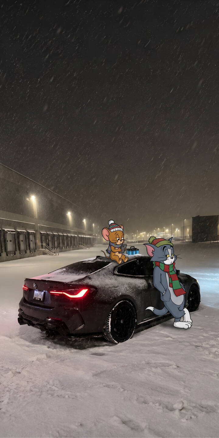 Tom, sporting a festive red and green scarf, leans casually against a snow-dusted black car, while Jerry, bundled in a matching winter hat, peeks from the roof in this enchanting 4K wallpaper. This charming animated duo amidst a snowy night makes for a unique iPhone wallpaper. | cartoon snow winter iphone bmw tom tom and jerry jerry wallpaper mobile 4k wallpaper hd wallpaper Tom, sporting a festive red and green scarf, leans casually against a snow-dusted black car, while Jerry, bundled in a matching winter hat, peeks from the roof in this enchanting 4K wallpaper. This charming animated duo amidst a snowy night makes for a unique iPhone wallpaper.