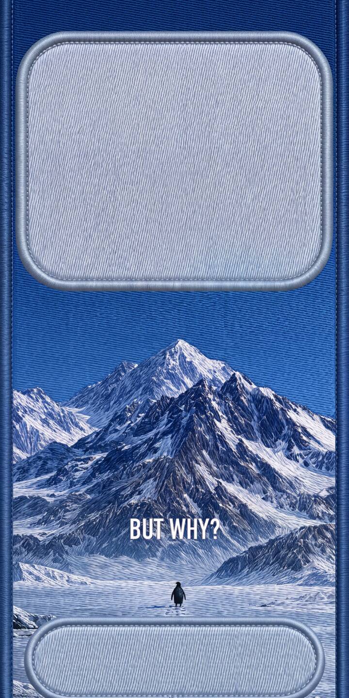 The tiny, solitary penguin gazes out at the magnificent, snow-capped mountains while the philosophical question "BUT WHY?" is emblazoned above it, creating a thought-provoking 4K wallpaper for your iPhone. This evocative scene makes for an intriguing mobile wallpaper. | snow iphone nature mountains wallpaper mobile penguin 4k wallpaper hd wallpaper serene existential icy landscape The tiny, solitary penguin gazes out at the magnificent, snow-capped mountains while the philosophical question "BUT WHY?" is emblazoned above it, creating a thought-provoking 4K wallpaper for your iPhone. This evocative scene makes for an intriguing mobile wallpaper.