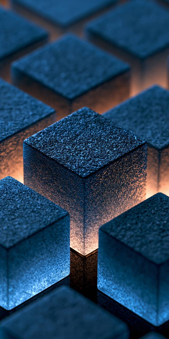 A mesmerizing collection of textured blue cubes illuminated by soft amber light from below. Geometric repetition and dramatic depth create a modern futuristic abstract wallpaper. | futuristic geometric abstract blue orange blue cubes 3d blocks A mesmerizing collection of textured blue cubes illuminated by soft amber light from below. Geometric repetition and dramatic depth create a modern futuristic abstract wallpaper.