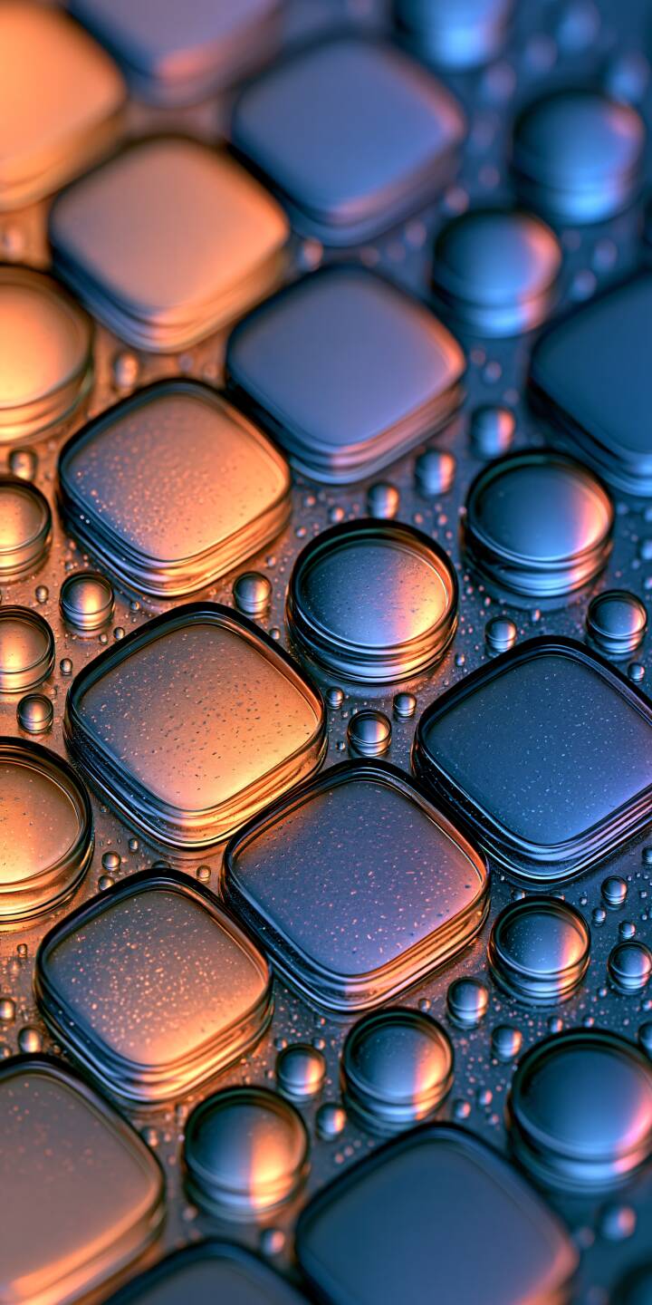 A futuristic arrangement of rounded metallic squares and circles reflecting warm orange and cool blue light. Smooth surfaces and tiny droplets create a luxurious abstract texture. | 3d iridescent metallic abstract geometry blue orange A futuristic arrangement of rounded metallic squares and circles reflecting warm orange and cool blue light. Smooth surfaces and tiny droplets create a luxurious abstract texture.