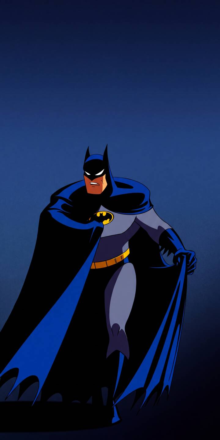 Batman's iconic yellow bat symbol stands out prominently as he poses in his classic animated style against a rich blue background in this vibrant 4K wallpaper — a must-have wallpaper for iPhone fans. | aesthetic superhero batman animated iphone wallpaper dark knight mobile 4k wallpaper hd wallpaper bruce wayne dc comics Batman's iconic yellow bat symbol stands out prominently as he poses in his classic animated style against a rich blue background in this vibrant 4K wallpaper — a must-have wallpaper for iPhone fans.