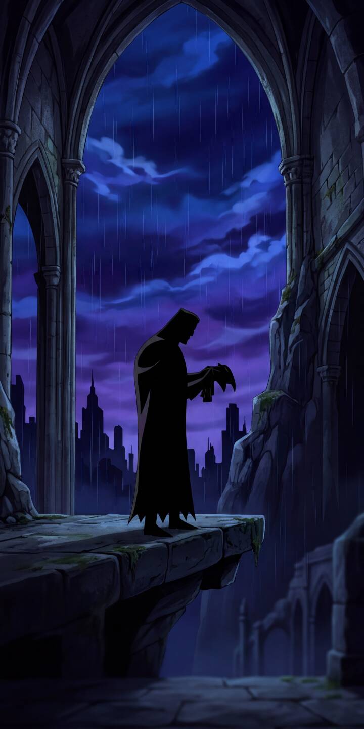 Rain streaks across the dramatic purple sky as a silhouetted Batman stands atop a gothic ruin, holding his iconic cowl in this striking 4K wallpaper for iPhone. This atmospheric wallpaper captures a moment of quiet reflection for the Dark Knight. | rain batman gothic animated gotham iphone wallpaper dark knight mobile 4k wallpaper hd wallpaper dc comics Rain streaks across the dramatic purple sky as a silhouetted Batman stands atop a gothic ruin, holding his iconic cowl in this striking 4K wallpaper for iPhone. This atmospheric wallpaper captures a moment of quiet reflection for the Dark Knight.