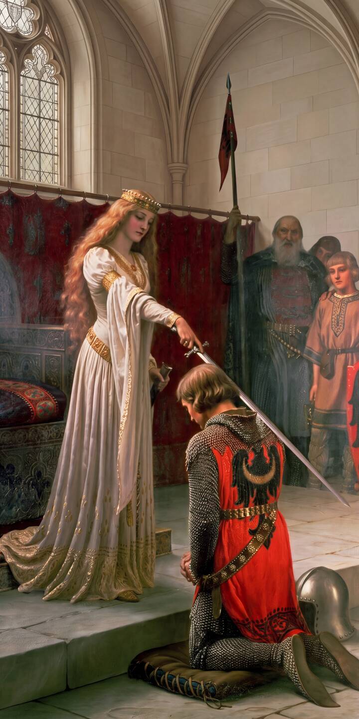 A regal queen in flowing white grants a valiant knight his accolade, her sword just touching his shoulder in this detailed 4K medieval wallpaper; perfect for your iPhone, showcasing the knight's red surcoat with an eagle emblem and the ornate gothic hall. | knight medieval iphone wallpaper queen mobile 4k wallpaper hd wallpaper fantasy art historical classic painting accolade A regal queen in flowing white grants a valiant knight his accolade, her sword just touching his shoulder in this detailed 4K medieval wallpaper; perfect for your iPhone, showcasing the knight's red surcoat with an eagle emblem and the ornate gothic hall.