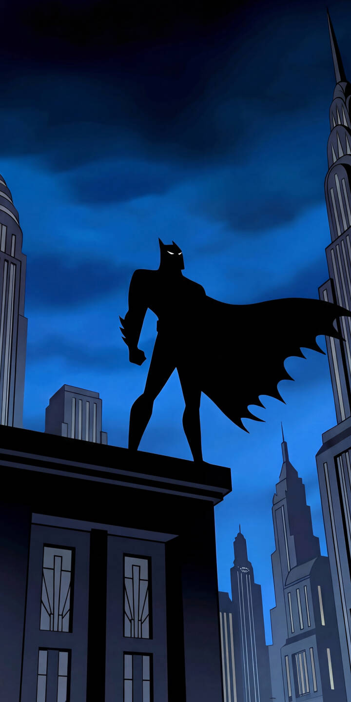 Batman stands in a commanding silhouette atop a Gotham City rooftop, his white eyes piercing the dark blue night as his iconic cape flows in this striking 4K wallpaper. This classic animated style wallpaper is a must-have for any iPhone, capturing the Dark Knight's vigilant presence. | superhero batman animated iphone wallpaper silhouette dark knight mobile 4k wallpaper hd wallpaper gotham city dc comics Batman stands in a commanding silhouette atop a Gotham City rooftop, his white eyes piercing the dark blue night as his iconic cape flows in this striking 4K wallpaper. This classic animated style wallpaper is a must-have for any iPhone, capturing the Dark Knight's vigilant presence.