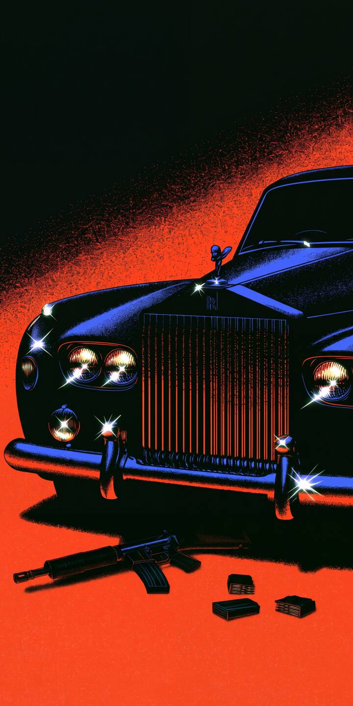 An ominous red-orange spray paint effect frames a dark, gleaming Rolls-Royce with sparkling chrome details in this striking 4K wallpaper. A submachine gun and several magazines lie abandoned on the ground, creating a gritty, suspenseful aesthetic for this unique iPhone wallpaper. | car weapon gangster crime iphone retro wallpaper mobile luxury car 4k wallpaper hd wallpaper rolls-royce An ominous red-orange spray paint effect frames a dark, gleaming Rolls-Royce with sparkling chrome details in this striking 4K wallpaper. A submachine gun and several magazines lie abandoned on the ground, creating a gritty, suspenseful aesthetic for this unique iPhone wallpaper.