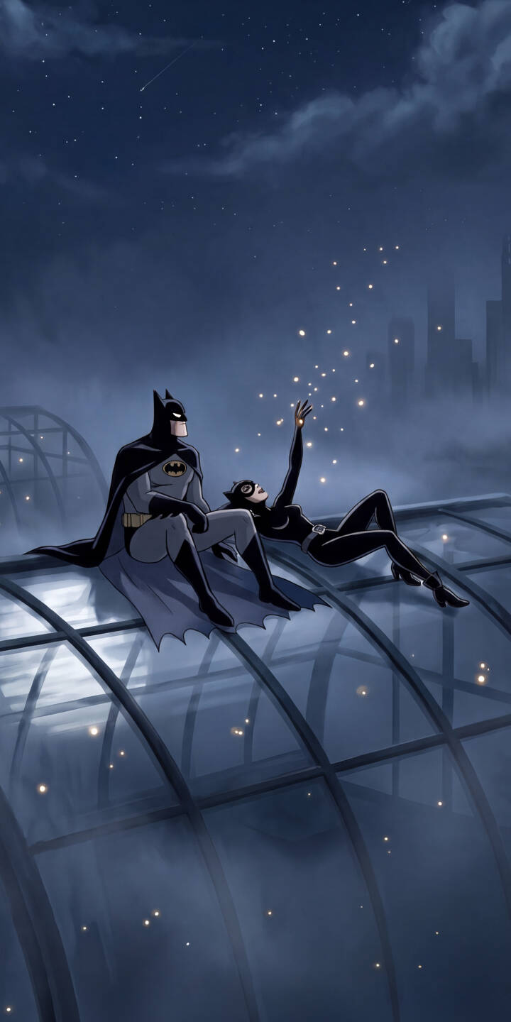 Catwoman gracefully reaches for a cluster of glowing light particles as she reclines beside Batman on a misty Gotham rooftop, creating a wonderfully romantic 4K wallpaper for your device. This charming superhero duo wallpaper is a perfect fit for iPhone, offering a serene glimpse into their quiet moments under the stars. | superhero batman gotham iphone wallpaper catwoman mobile romantic 4k wallpaper hd wallpaper glowing lights dc comics Catwoman gracefully reaches for a cluster of glowing light particles as she reclines beside Batman on a misty Gotham rooftop, creating a wonderfully romantic 4K wallpaper for your device. This charming superhero duo wallpaper is a perfect fit for iPhone, offering a serene glimpse into their quiet moments under the stars.