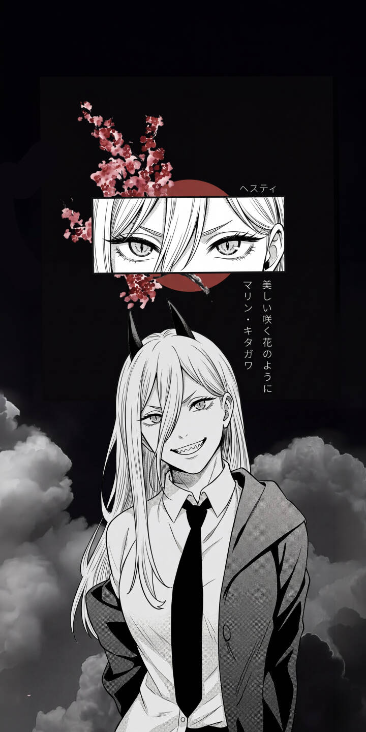 Power's mischievous grin, showcasing her sharp fangs, stands out in this striking monochrome 4K wallpaper, featuring bold red cherry blossoms and stylized eyes above. This dynamic Chainsaw Man wallpaper, with her iconic horns and formal attire, is a must-have for any iPhone. | anime manga iphone demon wallpaper sakura power mobile 4k wallpaper hd wallpaper monochrome chainsaw man Power's mischievous grin, showcasing her sharp fangs, stands out in this striking monochrome 4K wallpaper, featuring bold red cherry blossoms and stylized eyes above. This dynamic Chainsaw Man wallpaper, with her iconic horns and formal attire, is a must-have for any iPhone.