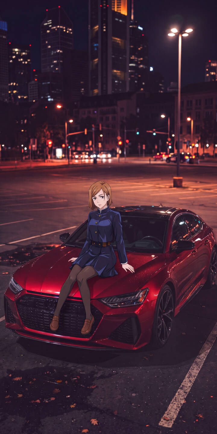 Nobara Kugisaki sits confidently atop a sleek red sports car, her Jujutsu Kaisen uniform striking against the blurred, glowing backdrop of a bustling night city in this stunning 4K wallpaper. This dynamic wallpaper is perfect for any iPhone to showcase your love for the series and urban aesthetic. | aesthetic urban anime iphone wallpaper mobile red car 4k wallpaper hd wallpaper jujutsu kaisen night city nobara kugisaki Nobara Kugisaki sits confidently atop a sleek red sports car, her Jujutsu Kaisen uniform striking against the blurred, glowing backdrop of a bustling night city in this stunning 4K wallpaper. This dynamic wallpaper is perfect for any iPhone to showcase your love for the series and urban aesthetic.