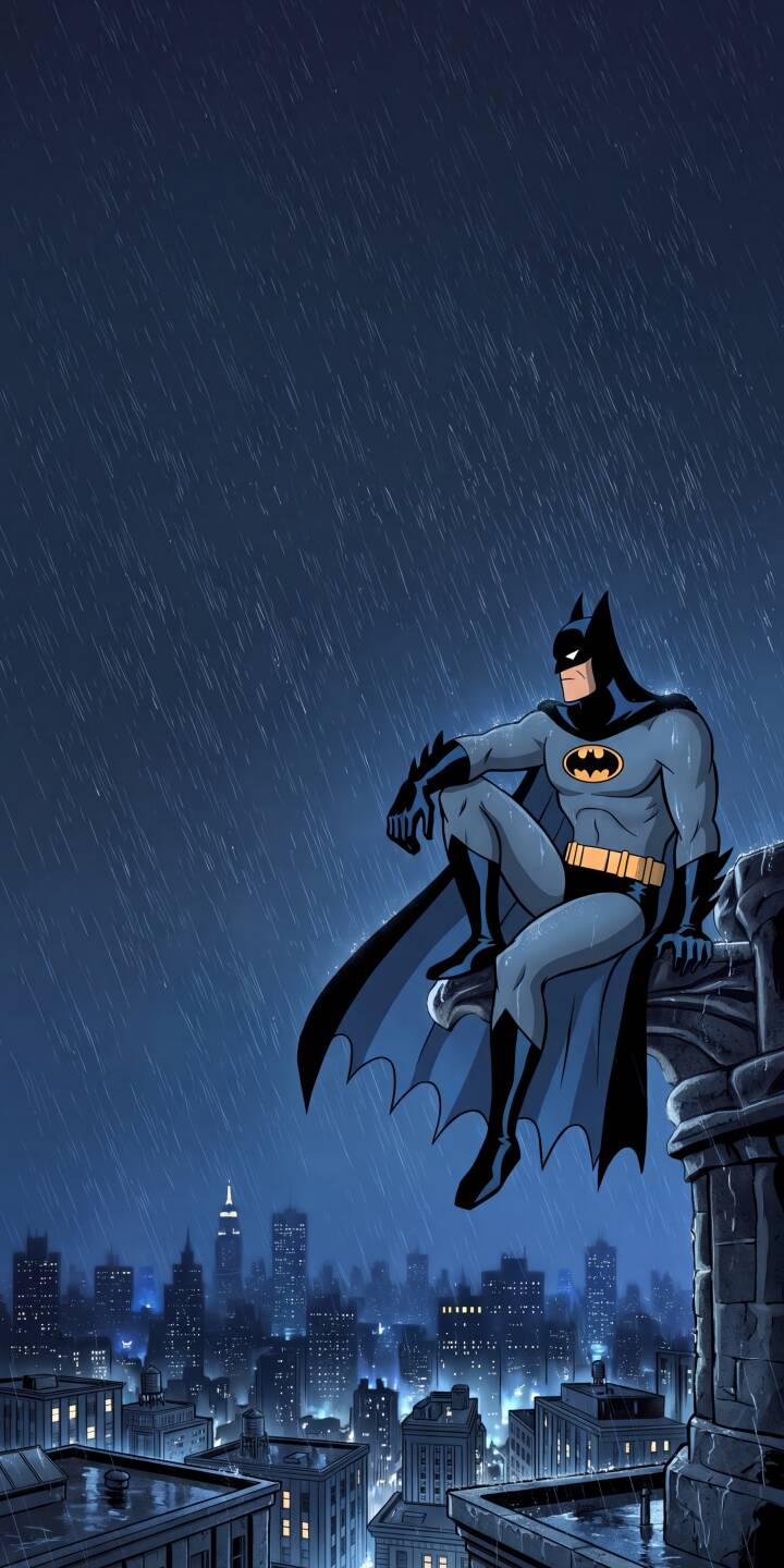 Rain streaks create a somber atmosphere as Batman sits atop a gothic gargoyle, gazing over a sprawling Gotham City skyline in this stunning 4K wallpaper — an essential moody wallpaper for iPhone users. | batman rainy animated gotham iphone wallpaper dark knight mobile moody 4k wallpaper hd wallpaper dc comics Rain streaks create a somber atmosphere as Batman sits atop a gothic gargoyle, gazing over a sprawling Gotham City skyline in this stunning 4K wallpaper — an essential moody wallpaper for iPhone users.