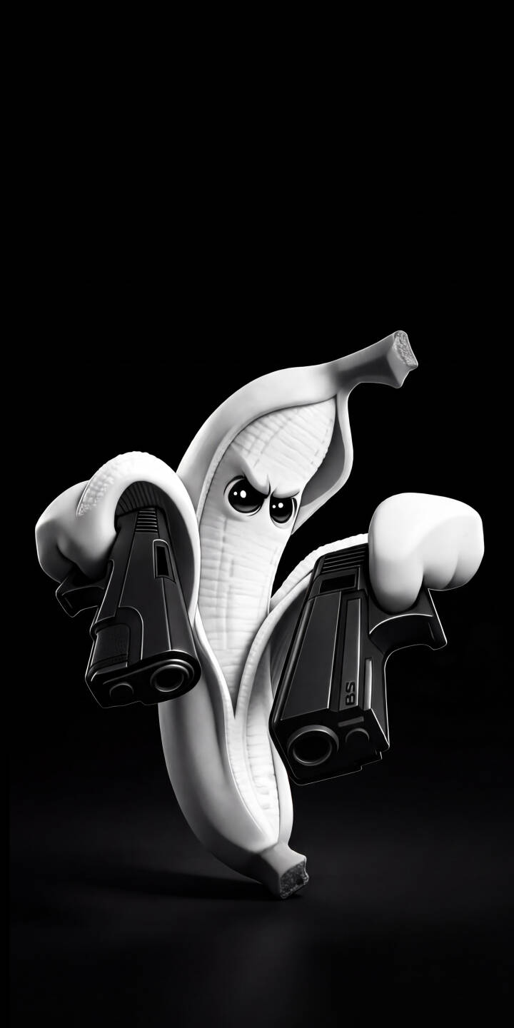 An intense, peeled banana character, rendered in striking monochrome, clutches two pistols with a determined expression in this unique 4K wallpaper. This captivating design makes for an edgy and artistic wallpaper on any iPhone. | iphone guns wallpaper black and white banana pistol mobile 4k wallpaper hd wallpaper monochrome edgy fruit art An intense, peeled banana character, rendered in striking monochrome, clutches two pistols with a determined expression in this unique 4K wallpaper. This captivating design makes for an edgy and artistic wallpaper on any iPhone.