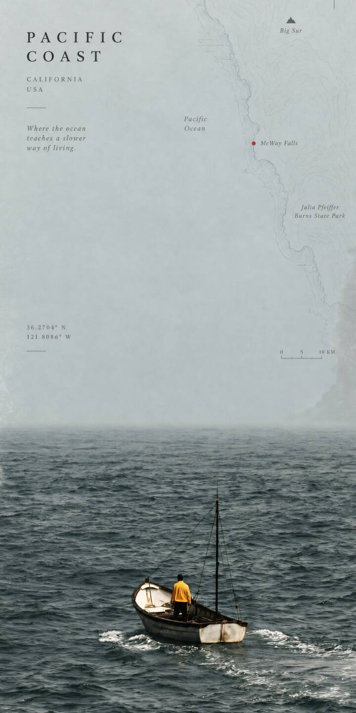 A small fishing boat drifts across the vast gray waters of the Pacific Ocean, surrounded by mist and an endless horizon. A lone figure in a yellow jacket stands aboard, adding a subtle human presence to the quiet seascape. Delicate coastal map details and understated typography create a nostalgic travel-poster aesthetic filled with solitude and freedom. | ocean minimalist pacific coast lonely boat travel poster A small fishing boat drifts across the vast gray waters of the Pacific Ocean, surrounded by mist and an endless horizon. A lone figure in a yellow jacket stands aboard, adding a subtle human presence to the quiet seascape. Delicate coastal map details and understated typography create a nostalgic travel-poster aesthetic filled with solitude and freedom.