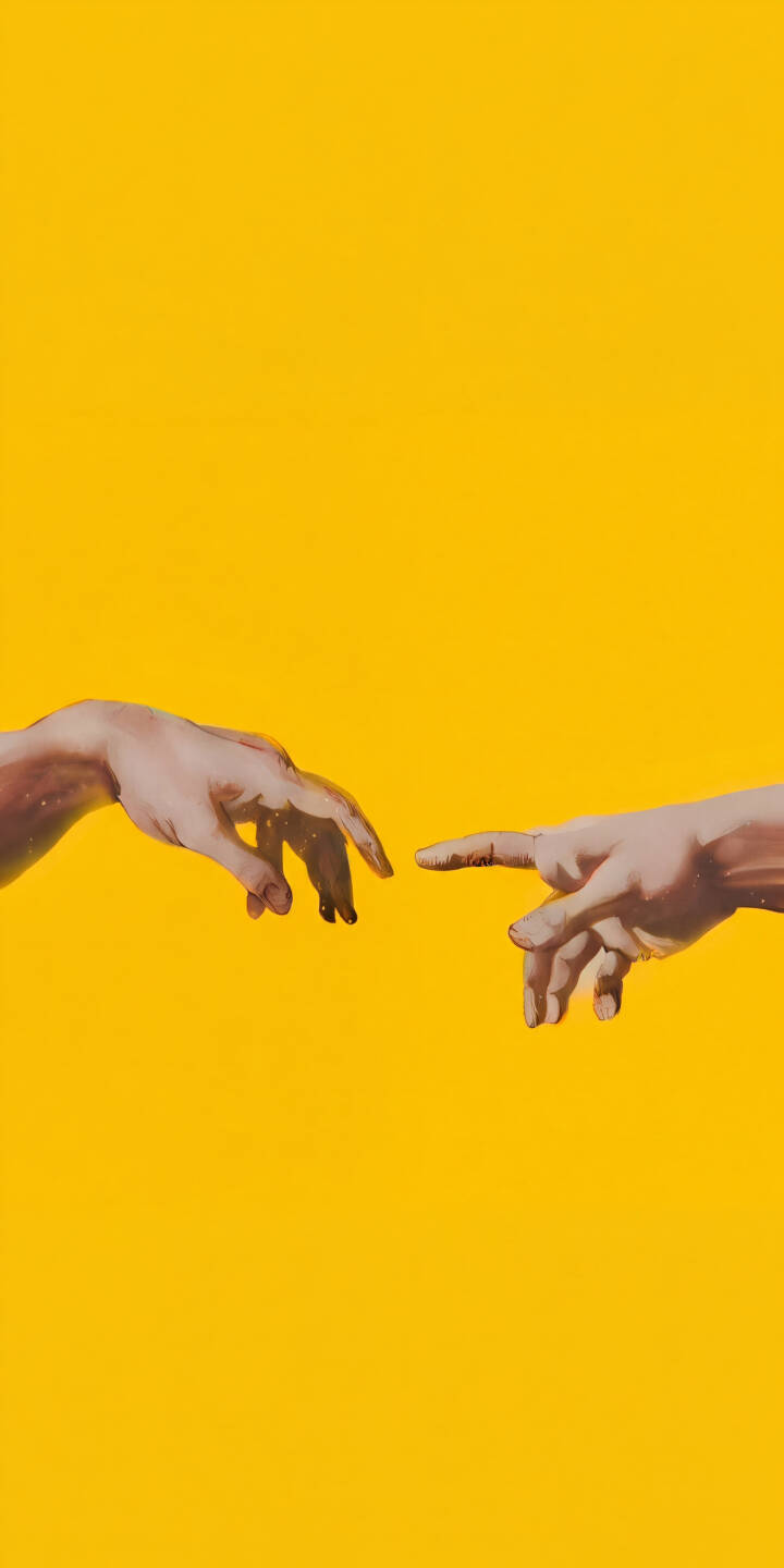 Vibrant yellow dominates the background as two hands, reminiscent of Michelangelo's 'Creation of Adam,' gently extend to meet fingertips in this captivating 4K wallpaper; it's an aesthetic and symbolic wallpaper ideal for your iPhone. | aesthetic art yellow iphone minimalist hands wallpaper mobile 4k wallpaper hd wallpaper michelangelo creation of adam Vibrant yellow dominates the background as two hands, reminiscent of Michelangelo's 'Creation of Adam,' gently extend to meet fingertips in this captivating 4K wallpaper; it's an aesthetic and symbolic wallpaper ideal for your iPhone.