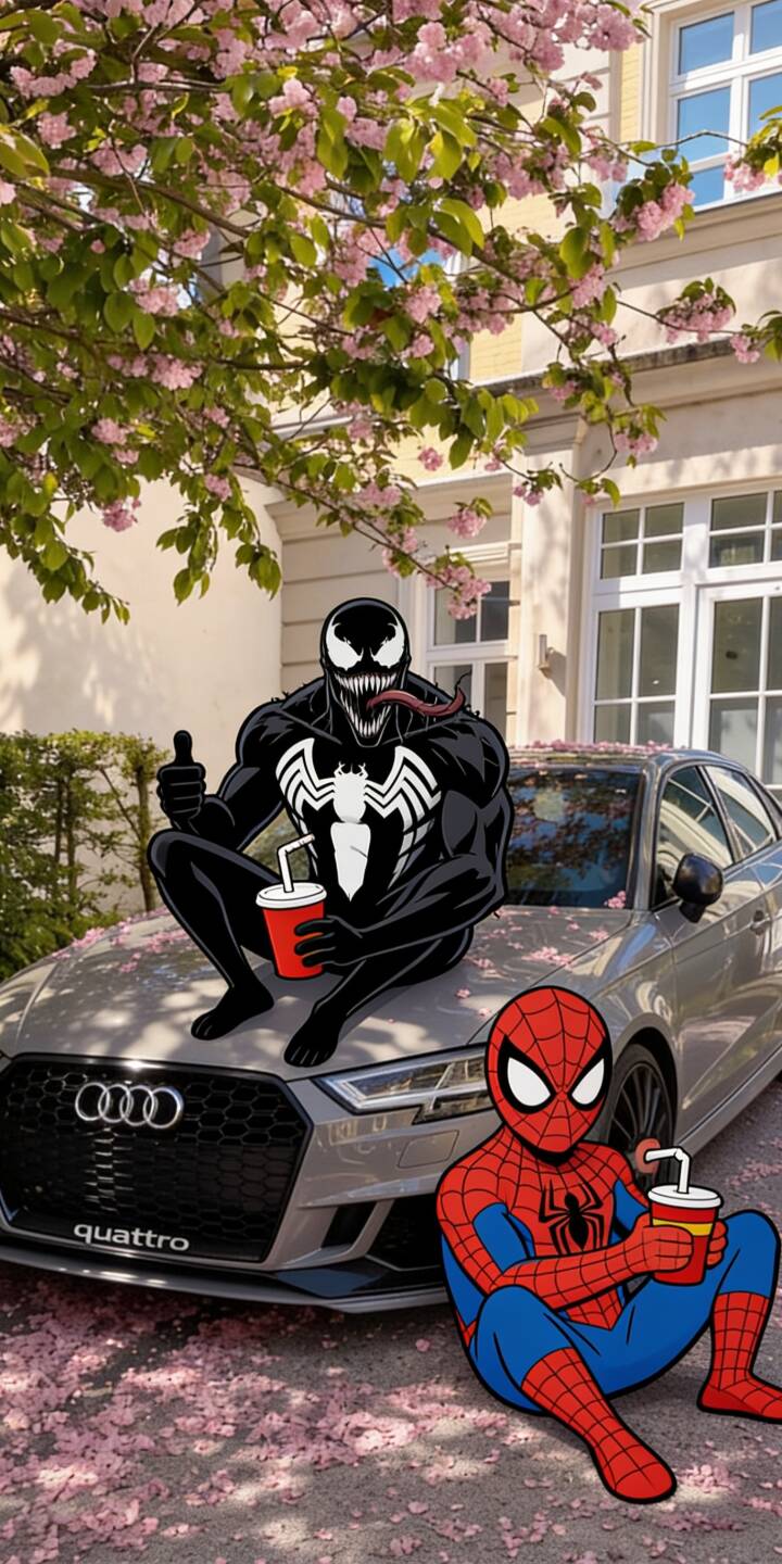 Venom gives a cheerful thumbs up while lounging on a grey Audi car, with Spider-Man enjoying a drink nearby amidst fallen cherry blossoms. This vibrant 4K wallpaper offers a playful mashup for your iPhone screen, featuring both iconic characters in a relaxed setting. | cartoon cherry blossom superhero marvel iphone audi venom wallpaper mobile 4k wallpaper hd wallpaper spider-man Venom gives a cheerful thumbs up while lounging on a grey Audi car, with Spider-Man enjoying a drink nearby amidst fallen cherry blossoms. This vibrant 4K wallpaper offers a playful mashup for your iPhone screen, featuring both iconic characters in a relaxed setting.