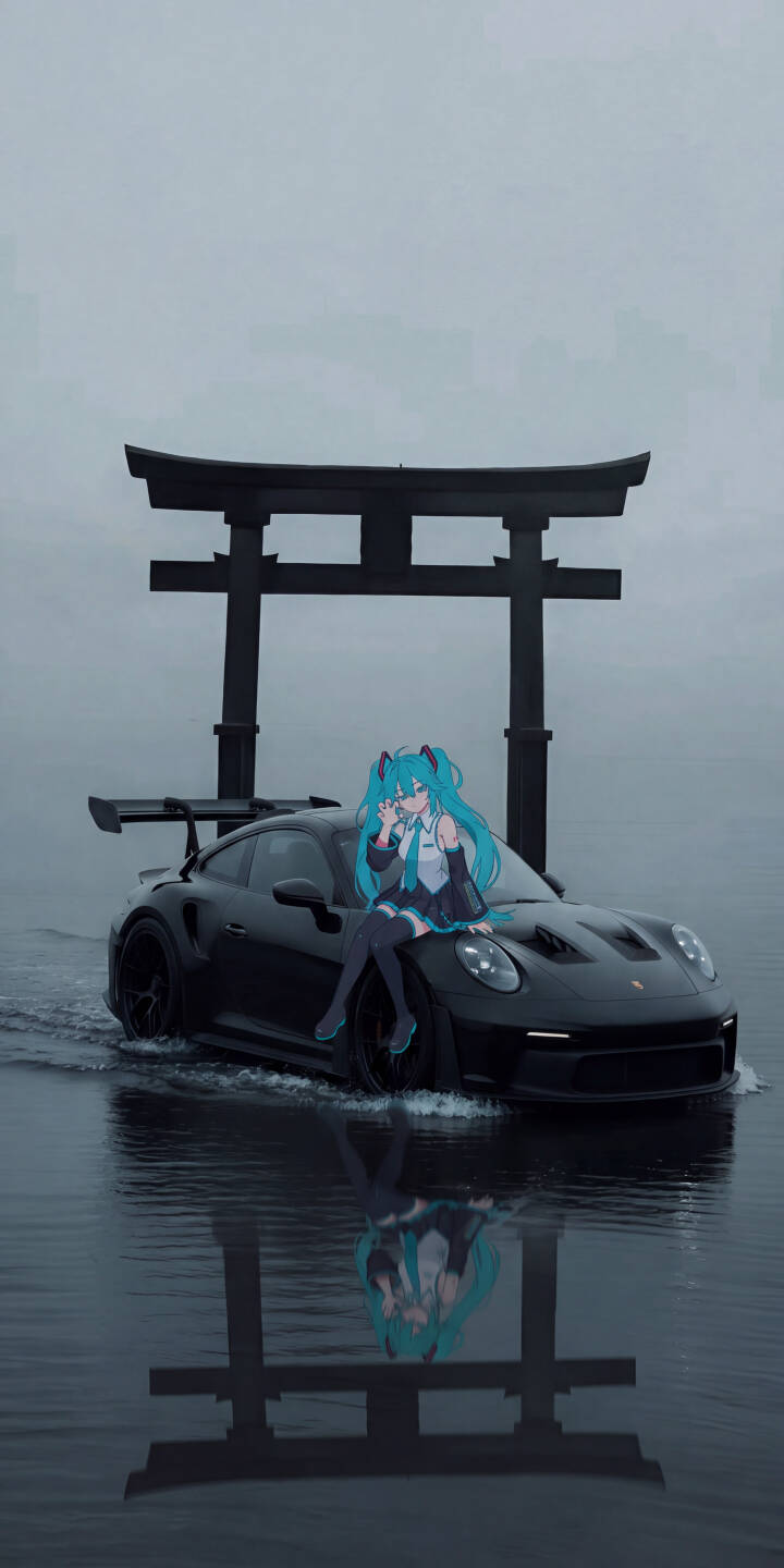 Hatsune Miku strikes a playful pose perched on a sleek black Porsche, with a majestic Torii gate reflected in the misty water in this stunning 4K wallpaper. This evocative scene makes a perfect dark aesthetic wallpaper for your iPhone screen. | car anime iphone porsche wallpaper mobile hatsune miku 4k wallpaper hd wallpaper dark aesthetic miku torii gate Hatsune Miku strikes a playful pose perched on a sleek black Porsche, with a majestic Torii gate reflected in the misty water in this stunning 4K wallpaper. This evocative scene makes a perfect dark aesthetic wallpaper for your iPhone screen.