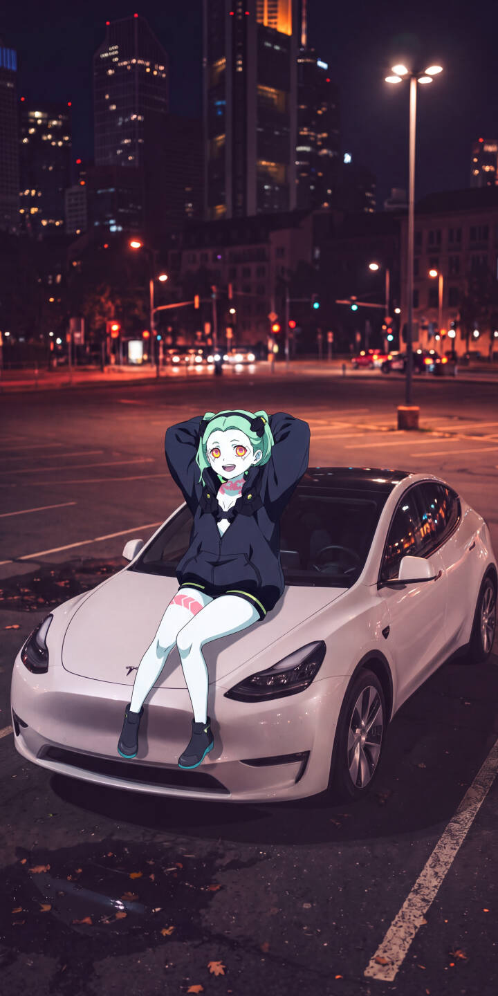 The vibrant cityscape twinkles behind Rebecca as she poses relaxed on a white Tesla Model Y's hood, her mint green hair a vivid highlight against the night in this stunning 4K wallpaper. This stylish blend of anime art and urban luxury is the perfect iPhone wallpaper. | aesthetic neon iphone wallpaper tesla anime girl mobile 4k wallpaper hd wallpaper night city cyberpunk edgerunners rebecca The vibrant cityscape twinkles behind Rebecca as she poses relaxed on a white Tesla Model Y's hood, her mint green hair a vivid highlight against the night in this stunning 4K wallpaper. This stylish blend of anime art and urban luxury is the perfect iPhone wallpaper.