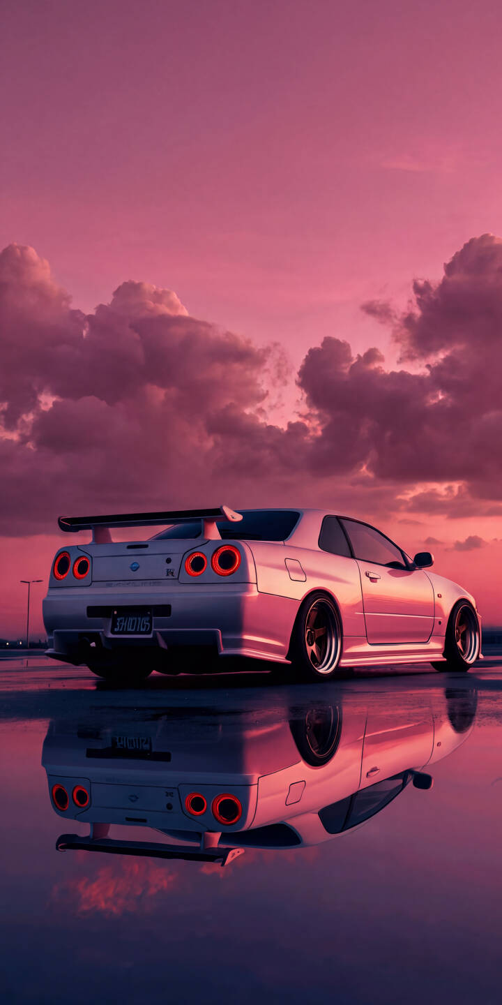 A gorgeous pink and purple sunset illuminates a sleek Nissan Skyline GTR R34, perfectly reflected on the wet ground in this stunning 4K wallpaper — a truly aesthetic wallpaper for your iPhone. | aesthetic sunset sports car reflection iphone wallpaper nissan skyline mobile gtr r34 4k wallpaper hd wallpaper pink sky A gorgeous pink and purple sunset illuminates a sleek Nissan Skyline GTR R34, perfectly reflected on the wet ground in this stunning 4K wallpaper — a truly aesthetic wallpaper for your iPhone.