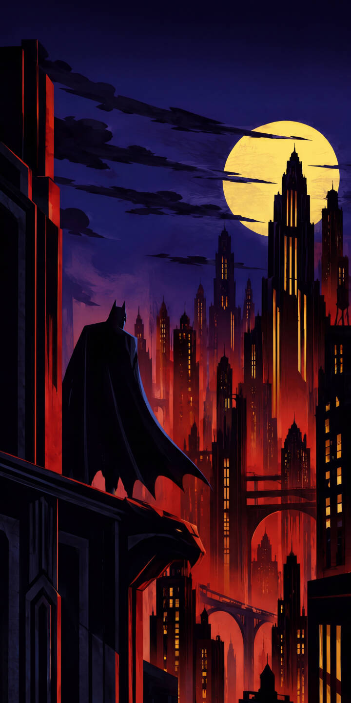 Batman's cape dramatically flows as his silhouette overlooks a neon-red illuminated Art Deco Gotham City beneath a brilliant full moon in this captivating 4K wallpaper. This stunning wallpaper is perfect for personalizing your iPhone with a touch of the Dark Knight's vigilant spirit. | night batman gotham iphone wallpaper dark knight mobile 4k wallpaper hd wallpaper cityscape dc comics art deco Batman's cape dramatically flows as his silhouette overlooks a neon-red illuminated Art Deco Gotham City beneath a brilliant full moon in this captivating 4K wallpaper. This stunning wallpaper is perfect for personalizing your iPhone with a touch of the Dark Knight's vigilant spirit.