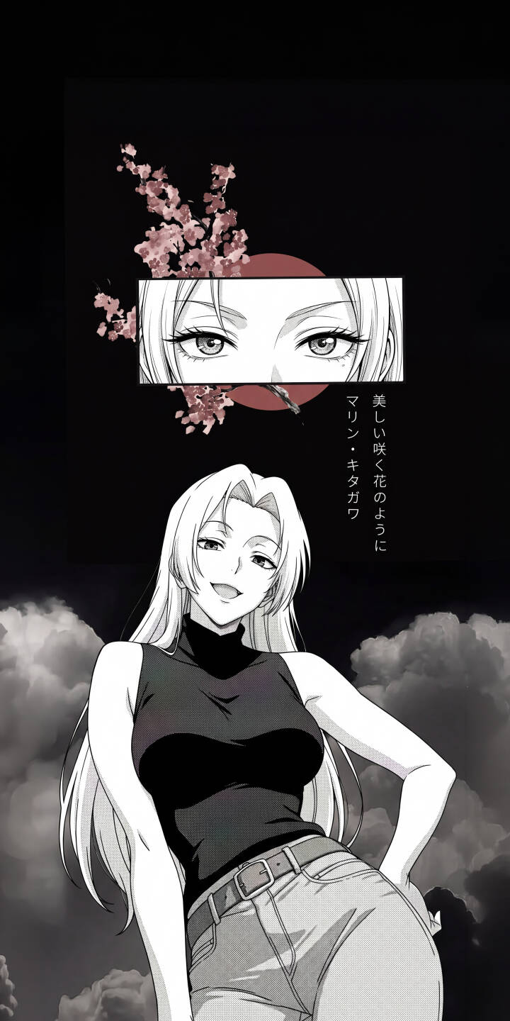 Marin Kitagawa's confident smile lights up this stylish black-and-white 4K wallpaper, featuring contrasting pink cherry blossoms and a bold red sun design above her captivating eyes – an essential wallpaper for any iPhone user. | aesthetic cherry blossom anime iphone wallpaper grayscale mobile 4k wallpaper hd wallpaper marin kitagawa my dress-up darling marin Marin Kitagawa's confident smile lights up this stylish black-and-white 4K wallpaper, featuring contrasting pink cherry blossoms and a bold red sun design above her captivating eyes – an essential wallpaper for any iPhone user.