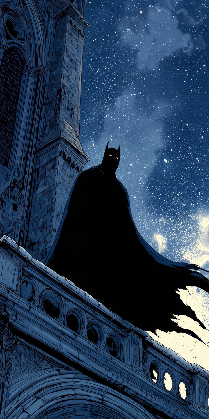 Batman's glowing white eyes pierce through the dark as his dramatic cape billows against a star-filled night sky, making for an epic 4K wallpaper for iPhone. This iconic superhero wallpaper, set atop a gothic building, captures the essence of Gotham's vigilante. | superhero batman night sky gothic iphone wallpaper dark knight mobile 4k wallpaper hd wallpaper vigilante dc comics Batman's glowing white eyes pierce through the dark as his dramatic cape billows against a star-filled night sky, making for an epic 4K wallpaper for iPhone. This iconic superhero wallpaper, set atop a gothic building, captures the essence of Gotham's vigilante.