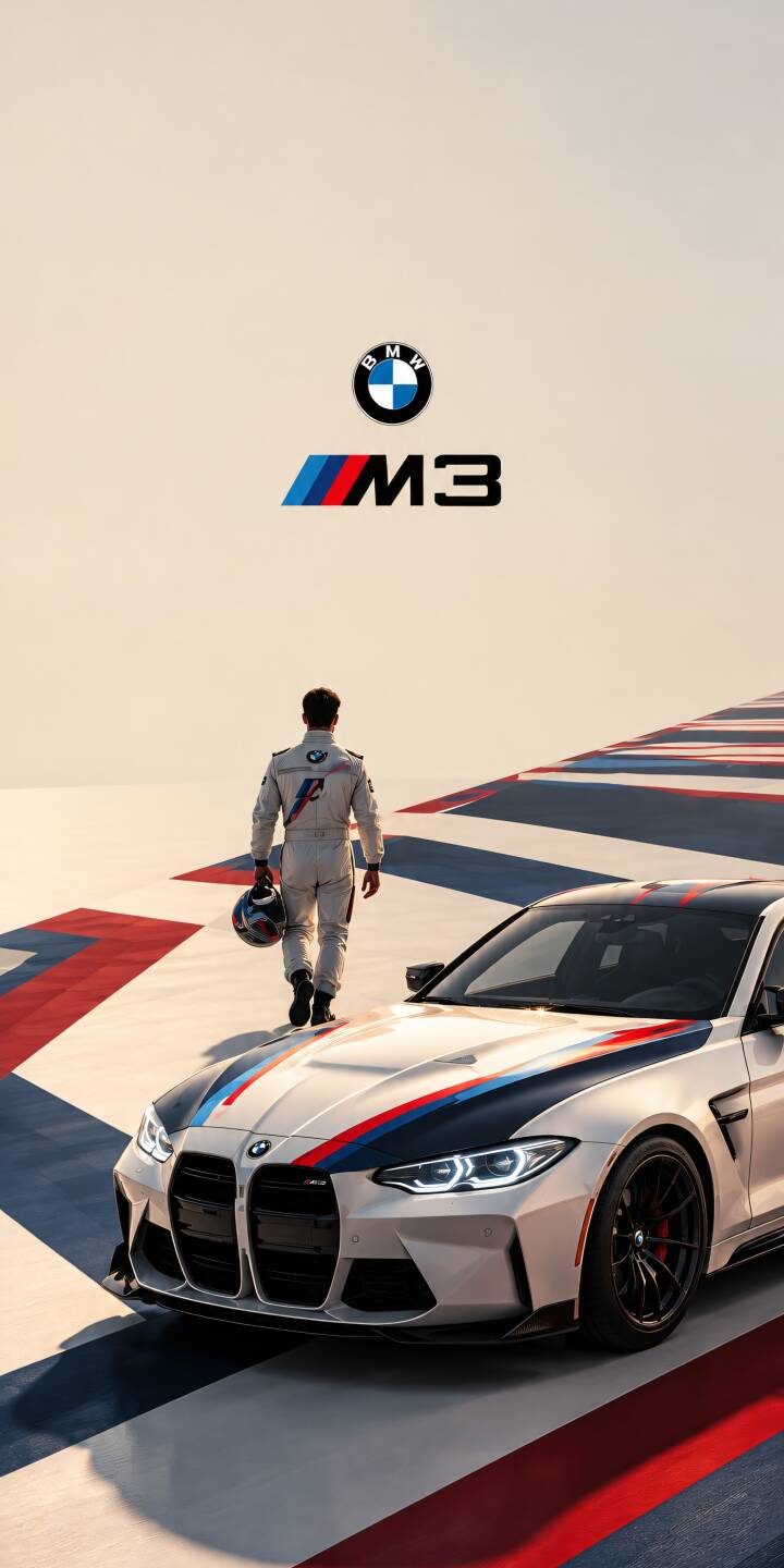 A powerful BMW M3 sports sedan stands on a sunlit racing circuit, decorated with iconic motorsport-inspired stripes. A racing driver walks toward the track holding a helmet, creating a cinematic sense of anticipation. Warm beige tones, bold red and blue racing graphics, and a clean composition celebrate the spirit of precision driving and motorsport performance. | motorsport bmw m3 track day sports sedan racing driver A powerful BMW M3 sports sedan stands on a sunlit racing circuit, decorated with iconic motorsport-inspired stripes. A racing driver walks toward the track holding a helmet, creating a cinematic sense of anticipation. Warm beige tones, bold red and blue racing graphics, and a clean composition celebrate the spirit of precision driving and motorsport performance.