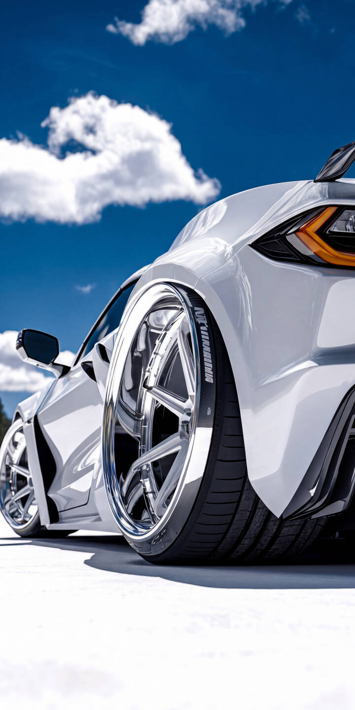 Massive, glistening chrome wheels dominate the low-angle shot of this sleek white sports car, captured as a stunning 4K wallpaper for your iPhone. The crisp blue sky with fluffy white clouds provides a vibrant backdrop to this premium automotive wallpaper. | car sports car iphone luxury wallpaper mobile white car 4k wallpaper hd wallpaper automotive chrome wheels stanced Massive, glistening chrome wheels dominate the low-angle shot of this sleek white sports car, captured as a stunning 4K wallpaper for your iPhone. The crisp blue sky with fluffy white clouds provides a vibrant backdrop to this premium automotive wallpaper.