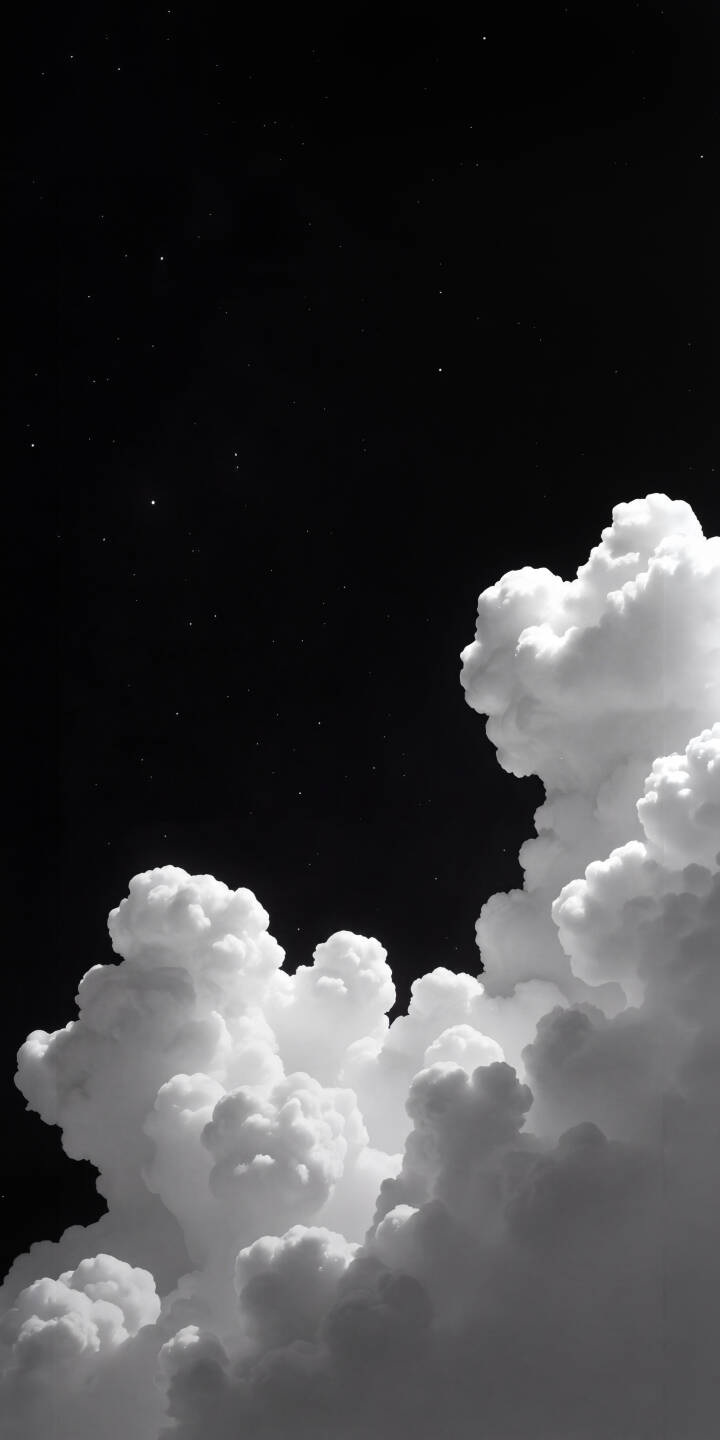 Bright, voluminous clouds float serenely beneath a dark, star-filled sky in this striking 4K wallpaper. This stunning monochrome wallpaper for iPhone creates a peaceful and expansive display on your device. | aesthetic sky night sky iphone clouds stars wallpaper mobile 4k wallpaper hd wallpaper monochrome dreamy Bright, voluminous clouds float serenely beneath a dark, star-filled sky in this striking 4K wallpaper. This stunning monochrome wallpaper for iPhone creates a peaceful and expansive display on your device.