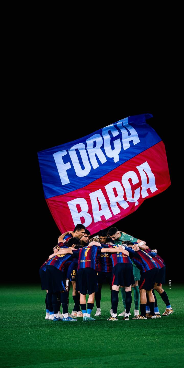 A powerful blue and red 'FORÇA BARÇA' flag proudly waves above the FC Barcelona team in a unified huddle on the vibrant green pitch, making a compelling 4K wallpaper for iPhone fans. This striking wallpaper perfectly captures the essence of team spirit. | sports football iphone team barcelona wallpaper fc barcelona mobile 4k wallpaper hd wallpaper unity barça A powerful blue and red 'FORÇA BARÇA' flag proudly waves above the FC Barcelona team in a unified huddle on the vibrant green pitch, making a compelling 4K wallpaper for iPhone fans. This striking wallpaper perfectly captures the essence of team spirit.