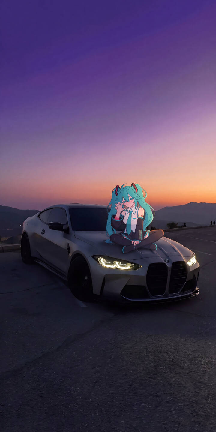 Hatsune Miku's vibrant teal pigtails stand out against the soft purple-orange sunset as she sits thoughtfully on a gleaming silver BMW M4 in this captivating 4K wallpaper. This unique blend of anime and luxury car styling makes a fantastic wallpaper for your iPhone. | sunset car anime iphone bmw wallpaper mobile hatsune miku vocaloid 4k wallpaper hd wallpaper miku Hatsune Miku's vibrant teal pigtails stand out against the soft purple-orange sunset as she sits thoughtfully on a gleaming silver BMW M4 in this captivating 4K wallpaper. This unique blend of anime and luxury car styling makes a fantastic wallpaper for your iPhone.