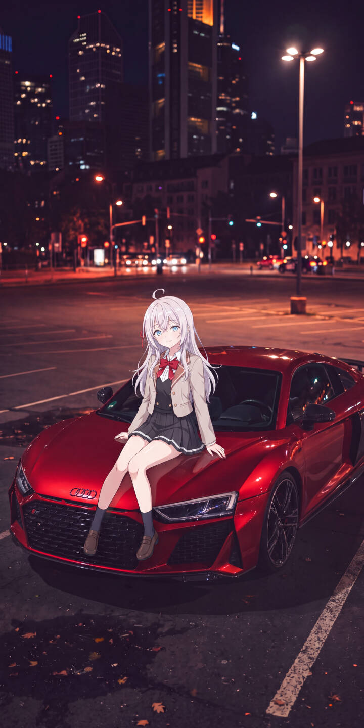 A white-haired anime girl in a smart school uniform sits casually on a gleaming red Audi R8, set against a stunning 4K night city backdrop in this captivating wallpaper — perfect for an iPhone lock screen. | aesthetic cute iphone wallpaper anime girl mobile audi r8 red car 4k wallpaper hd wallpaper school uniform night city A white-haired anime girl in a smart school uniform sits casually on a gleaming red Audi R8, set against a stunning 4K night city backdrop in this captivating wallpaper — perfect for an iPhone lock screen.
