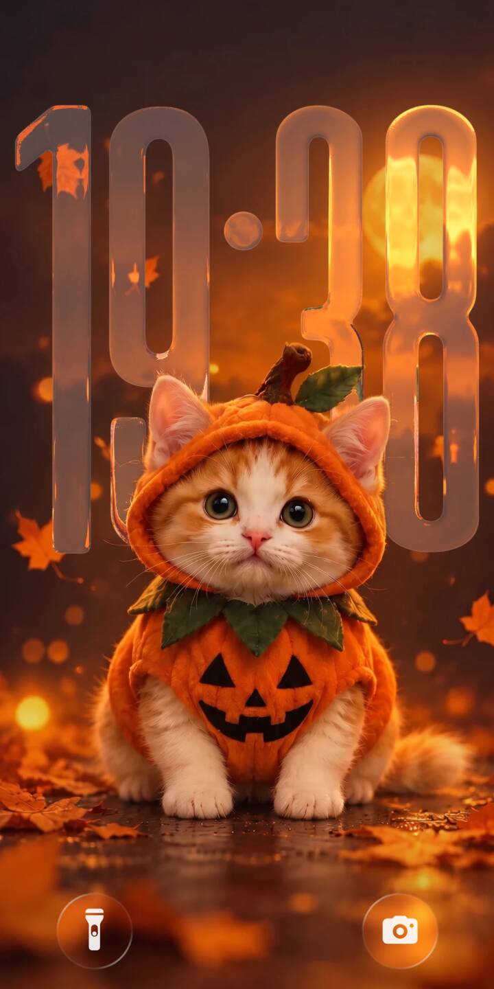 Those bright, innocent eyes of this adorable ginger kitten peering from its festive pumpkin costume create a heartwarming scene in this charming 4K wallpaper. Falling autumn leaves and a glowing full moon complete this cozy, Halloween-themed wallpaper, perfect for your iPhone screen. | cat halloween cute iphone autumn wallpaper kitten mobile 4k wallpaper hd wallpaper fall leaves pumpkin costume Those bright, innocent eyes of this adorable ginger kitten peering from its festive pumpkin costume create a heartwarming scene in this charming 4K wallpaper. Falling autumn leaves and a glowing full moon complete this cozy, Halloween-themed wallpaper, perfect for your iPhone screen.
