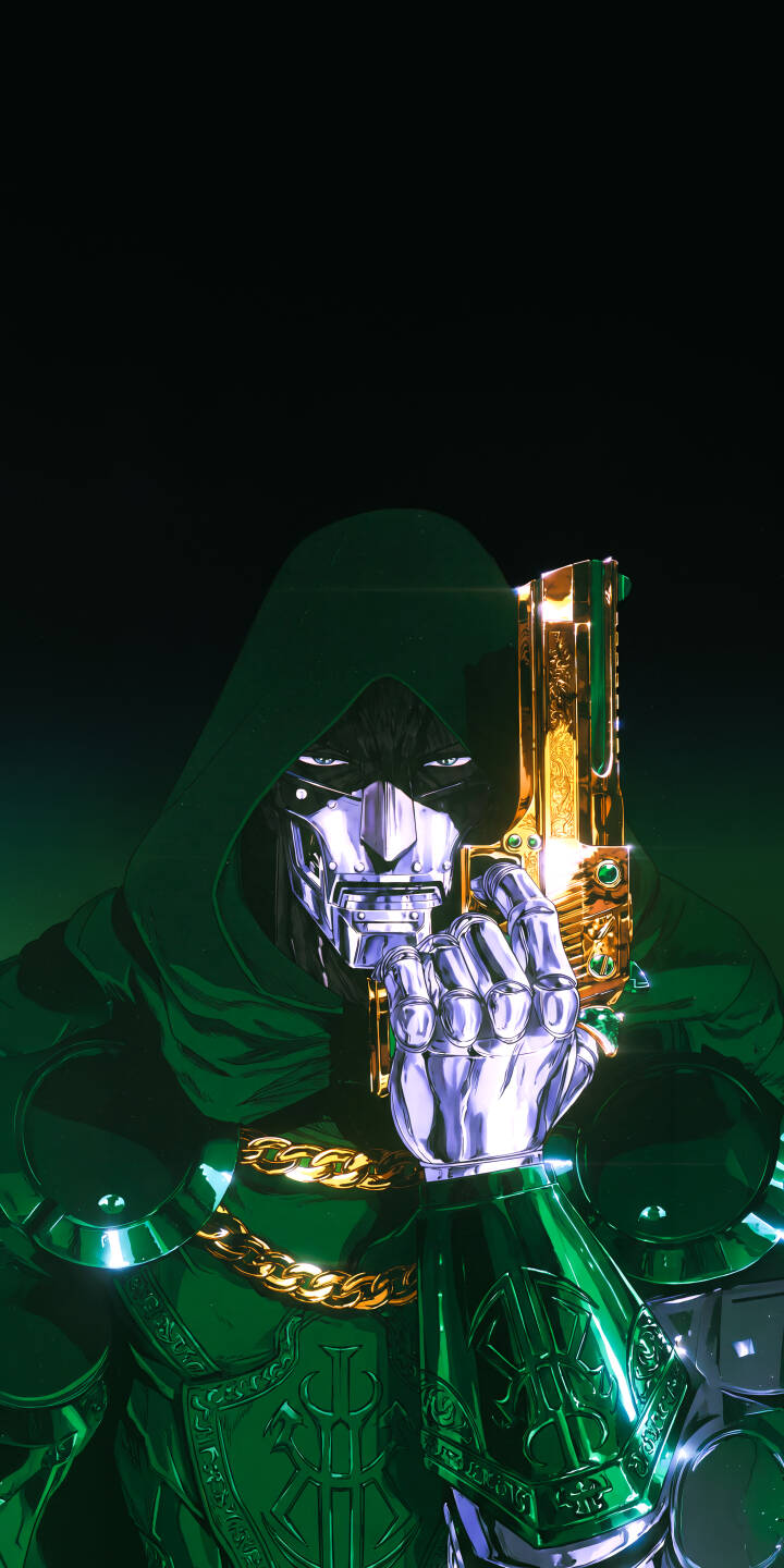 Doctor Doom's imposing chrome mask gleams, reflecting the rich emerald green of his armor as he grips a lavish golden gun, featuring green jewel inlays, in this dramatic 4K wallpaper — a must-have iPhone wallpaper for fans of Latveria's monarch. | dark armor marvel iphone wallpaper doctor doom mobile comic art 4k wallpaper hd wallpaper supervillain golden gun Doctor Doom's imposing chrome mask gleams, reflecting the rich emerald green of his armor as he grips a lavish golden gun, featuring green jewel inlays, in this dramatic 4K wallpaper — a must-have iPhone wallpaper for fans of Latveria's monarch.