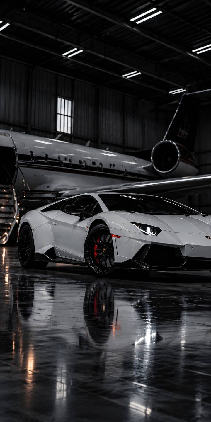 A stunning white supercar parked inside a luxurious aircraft hangar, with a sleek private jet standing behind it. Dramatic overhead lighting reflects across the polished floor, highlighting the car's angular design and glossy finish. A sophisticated monochrome scene combining automotive performance, aviation, and luxury. | lamborghini private jet monochrome white supercar luxury garage A stunning white supercar parked inside a luxurious aircraft hangar, with a sleek private jet standing behind it. Dramatic overhead lighting reflects across the polished floor, highlighting the car's angular design and glossy finish. A sophisticated monochrome scene combining automotive performance, aviation, and luxury.
