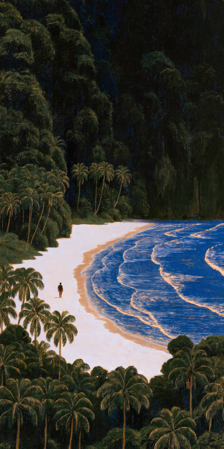 Vivid deep blue ocean waves gracefully curve onto bright white sand in this tranquil 4K wallpaper, featuring a solitary figure strolling along the pristine shore. Surrounded by lush dark green tropical foliage, this serene coastal scene makes an idyllic wallpaper for your iPhone. | art beach iphone ocean wallpaper tropical mobile palm trees 4k wallpaper hd wallpaper serene seascape Vivid deep blue ocean waves gracefully curve onto bright white sand in this tranquil 4K wallpaper, featuring a solitary figure strolling along the pristine shore. Surrounded by lush dark green tropical foliage, this serene coastal scene makes an idyllic wallpaper for your iPhone.
