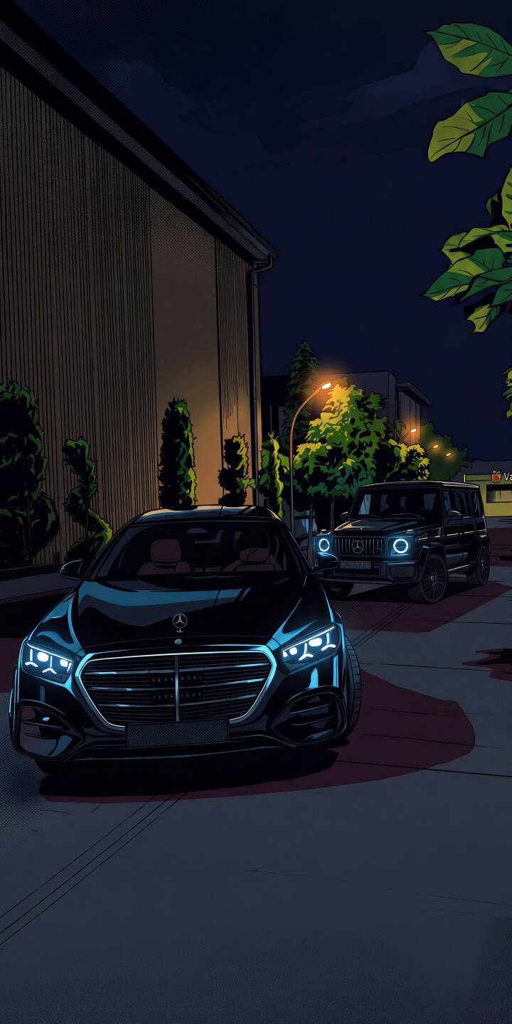 The sleek, dark Mercedes S-Class and a powerful G-Wagen cruise a quiet night street, their headlights glowing cool blue in this stylized 4K wallpaper. This luxury car wallpaper, depicted in a unique comic art style, is a perfect aesthetic choice for your iPhone. | aesthetic night iphone mercedes wallpaper mobile luxury car comic art mercedes g wagon 4k wallpaper hd wallpaper mercedes s class The sleek, dark Mercedes S-Class and a powerful G-Wagen cruise a quiet night street, their headlights glowing cool blue in this stylized 4K wallpaper. This luxury car wallpaper, depicted in a unique comic art style, is a perfect aesthetic choice for your iPhone.