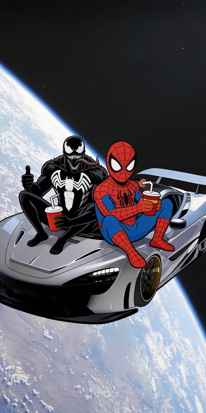 Spider-Man and Venom share drinks on a sleek silver sports car, relaxing above Earth's vibrant blue surface in this extraordinary 4K wallpaper for iPhone. This unique superhero crossover wallpaper perfectly blends cosmic scale with a humorous, laid-back vibe. | space marvel iphone venom supercar wallpaper mobile comic art 4k wallpaper hd wallpaper spider-man symbiote Spider-Man and Venom share drinks on a sleek silver sports car, relaxing above Earth's vibrant blue surface in this extraordinary 4K wallpaper for iPhone. This unique superhero crossover wallpaper perfectly blends cosmic scale with a humorous, laid-back vibe.