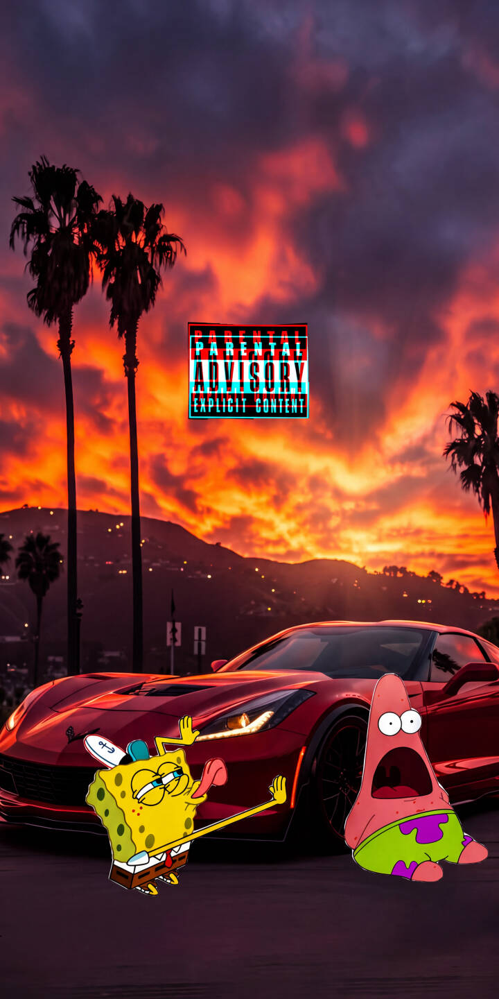 A vibrant 'Parental Advisory Explicit Content' sticker hovers above a red Corvette, with a goofy Spongebob and a shocked Patrick taking center stage amidst a fiery sunset, making this a unique 4K wallpaper for iPhone. This playful yet edgy wallpaper captures the unexpected duo in a highly stylized scene. | meme spongebob sunset iphone wallpaper corvette patrick star mobile spongebob squarepants 4k wallpaper hd wallpaper explicit content A vibrant 'Parental Advisory Explicit Content' sticker hovers above a red Corvette, with a goofy Spongebob and a shocked Patrick taking center stage amidst a fiery sunset, making this a unique 4K wallpaper for iPhone. This playful yet edgy wallpaper captures the unexpected duo in a highly stylized scene.