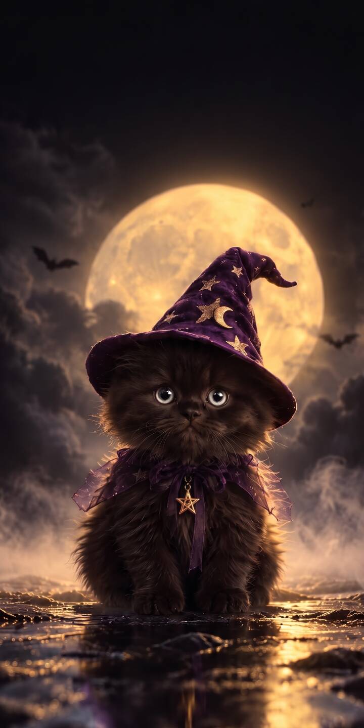 A fluffy black kitten with wide, mesmerizing eyes sits adorned in a charming purple witch hat and ruffled collar against the eerie glow of a giant full moon in this enchanting 4K wallpaper, perfect for iPhone screens. This adorable mystical cat wallpaper captures the magical essence of Halloween nights. | cat halloween iphone wallpaper kitten mobile full moon mystical 4k wallpaper hd wallpaper adorable witch cat A fluffy black kitten with wide, mesmerizing eyes sits adorned in a charming purple witch hat and ruffled collar against the eerie glow of a giant full moon in this enchanting 4K wallpaper, perfect for iPhone screens. This adorable mystical cat wallpaper captures the magical essence of Halloween nights.