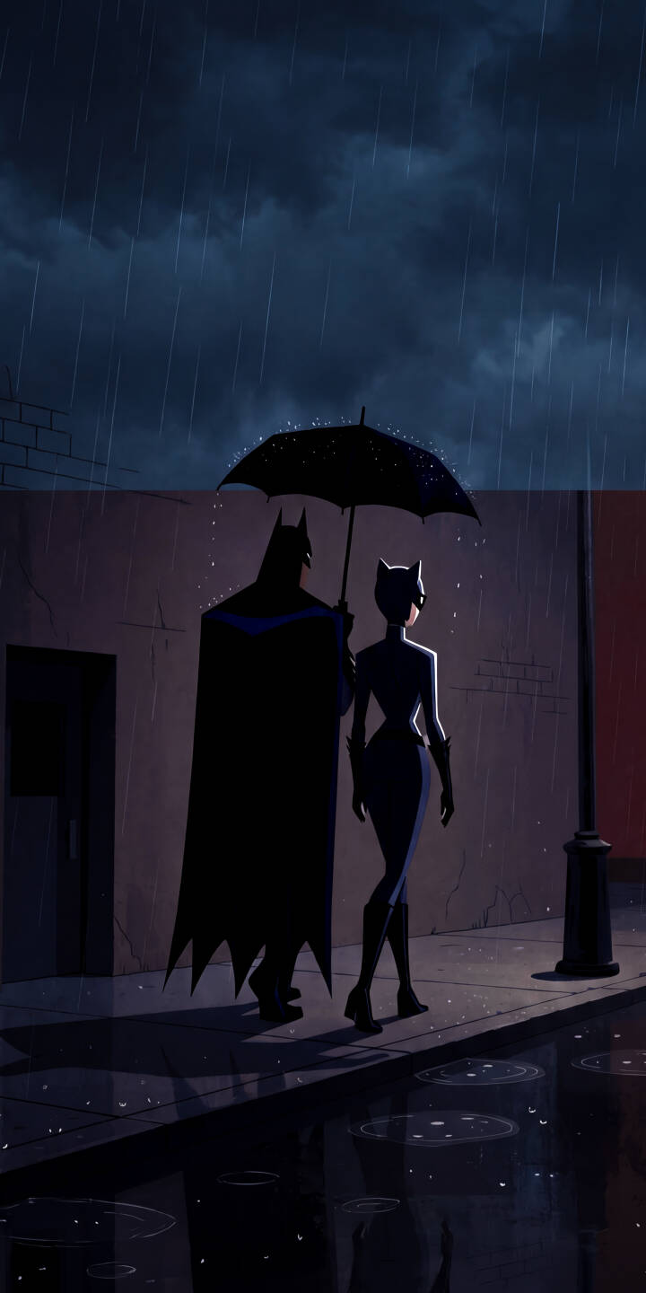 Raindrops glisten on Batman and Catwoman's umbrella as the iconic duo walk together through a moody, rainy Gotham night in this stunning 4K wallpaper — a perfect romantic wallpaper for your iPhone. | umbrella batman animated iphone wallpaper catwoman mobile 4k wallpaper hd wallpaper rainy night dc comics Raindrops glisten on Batman and Catwoman's umbrella as the iconic duo walk together through a moody, rainy Gotham night in this stunning 4K wallpaper — a perfect romantic wallpaper for your iPhone.