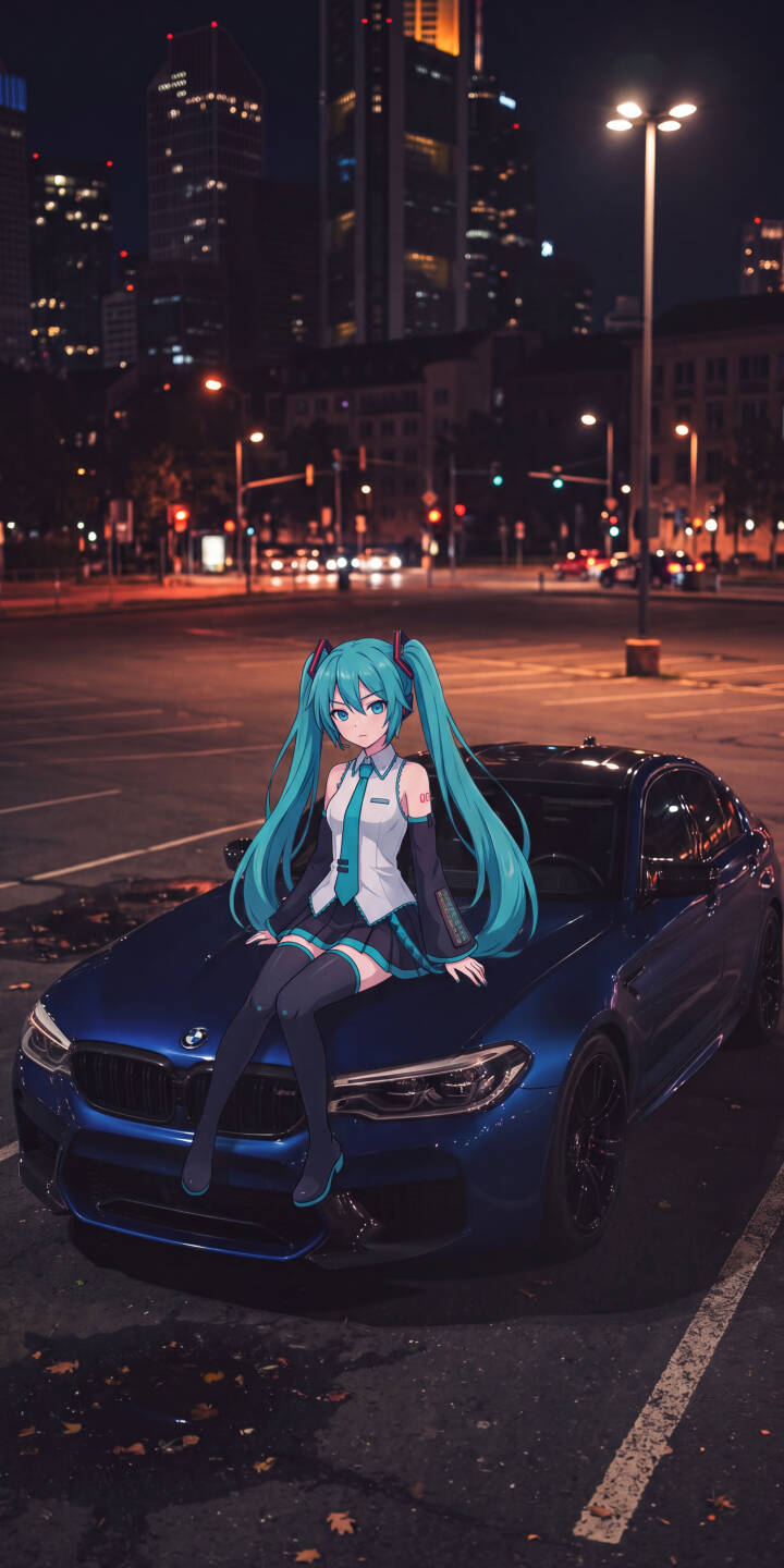 Under the warm glow of city streetlights, Hatsune Miku poses confidently on the hood of a sleek blue BMW in this captivating 4K anime wallpaper. This vibrant night scene is a perfect wallpaper for iPhone, showcasing Miku's iconic teal pigtails and a stunning urban backdrop. | aesthetic anime iphone wallpaper mobile hatsune miku blue car vocaloid 4k wallpaper hd wallpaper miku night city Under the warm glow of city streetlights, Hatsune Miku poses confidently on the hood of a sleek blue BMW in this captivating 4K anime wallpaper. This vibrant night scene is a perfect wallpaper for iPhone, showcasing Miku's iconic teal pigtails and a stunning urban backdrop.