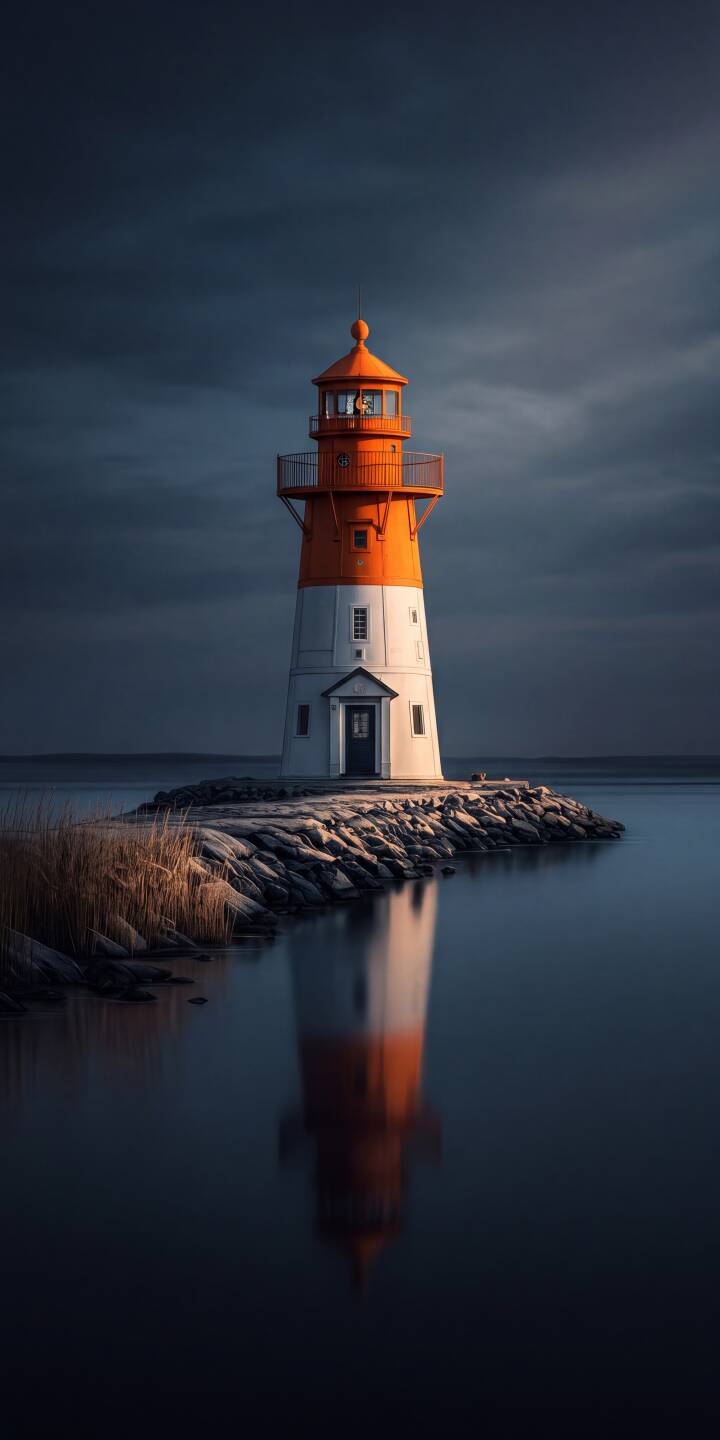 The vibrant orange top of the lighthouse contrasts beautifully with the brooding dark sky in this stunning 4K wallpaper for iPhone. Its perfect reflection shimmers on the calm water, creating a tranquil yet dramatic mobile wallpaper scene. | orange lighthouse reflection iphone nature wallpaper mobile moody 4k wallpaper hd wallpaper coastal seascape The vibrant orange top of the lighthouse contrasts beautifully with the brooding dark sky in this stunning 4K wallpaper for iPhone. Its perfect reflection shimmers on the calm water, creating a tranquil yet dramatic mobile wallpaper scene.