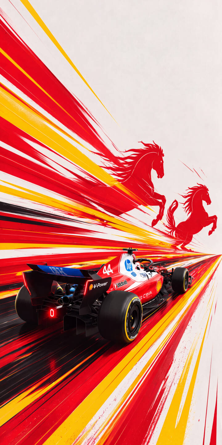 Vivid red and yellow speed streaks explode behind a powerful red Formula 1 racing car, bearing number 44, as it accelerates into the distance in this dynamic 4K wallpaper. Two iconic leaping red horses in the background complete this exhilarating iPhone wallpaper, perfect for speed enthusiasts. | iphone ferrari dynamic wallpaper f1 racing speed formula 1 mobile 4k wallpaper hd wallpaper automotive Vivid red and yellow speed streaks explode behind a powerful red Formula 1 racing car, bearing number 44, as it accelerates into the distance in this dynamic 4K wallpaper. Two iconic leaping red horses in the background complete this exhilarating iPhone wallpaper, perfect for speed enthusiasts.