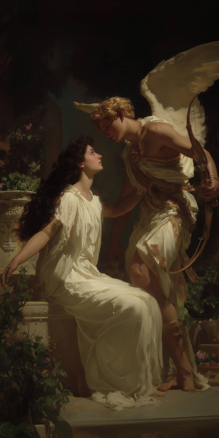 The intimate, soulful gaze between Cupid and Psyche captures a tender mythological moment in this breathtaking 4K wallpaper. Featuring Cupid's gentle touch and Psyche's long flowing hair against a dramatic backdrop, it's an ideal romantic wallpaper for your iPhone. | angel love iphone wallpaper mobile romance 4k wallpaper hd wallpaper mythology classical art cupid psyche The intimate, soulful gaze between Cupid and Psyche captures a tender mythological moment in this breathtaking 4K wallpaper. Featuring Cupid's gentle touch and Psyche's long flowing hair against a dramatic backdrop, it's an ideal romantic wallpaper for your iPhone.