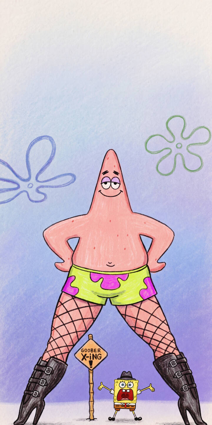 Sporting high-heeled boots and fishnet stockings, Patrick Star stands with hands on hips and a smug expression in this humorous 4K wallpaper. A tiny, bewildered Spongebob Squarepants appears at his feet near a "Goober X-ing" sign, making this a truly unmissable wallpaper for iPhone users. | cartoon funny spongebob iphone wallpaper patrick star mobile 4k wallpaper hd wallpaper humor fishnets goober x-ing Sporting high-heeled boots and fishnet stockings, Patrick Star stands with hands on hips and a smug expression in this humorous 4K wallpaper. A tiny, bewildered Spongebob Squarepants appears at his feet near a "Goober X-ing" sign, making this a truly unmissable wallpaper for iPhone users.