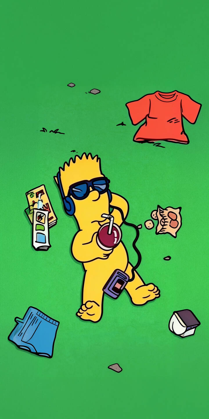 Bart Simpson chills out on a vibrant green lawn, rocking cool blue sunglasses and headphones while he sips a drink, making for a perfect summer mood 4K wallpaper. This relaxed scene, with Bart's clothes and snacks scattered around, is an ideal wallpaper for your iPhone. | cartoon iphone bart wallpaper chill simpsons mobile headphones bart simpson the simpsons 4k wallpaper hd wallpaper Bart Simpson chills out on a vibrant green lawn, rocking cool blue sunglasses and headphones while he sips a drink, making for a perfect summer mood 4K wallpaper. This relaxed scene, with Bart's clothes and snacks scattered around, is an ideal wallpaper for your iPhone.