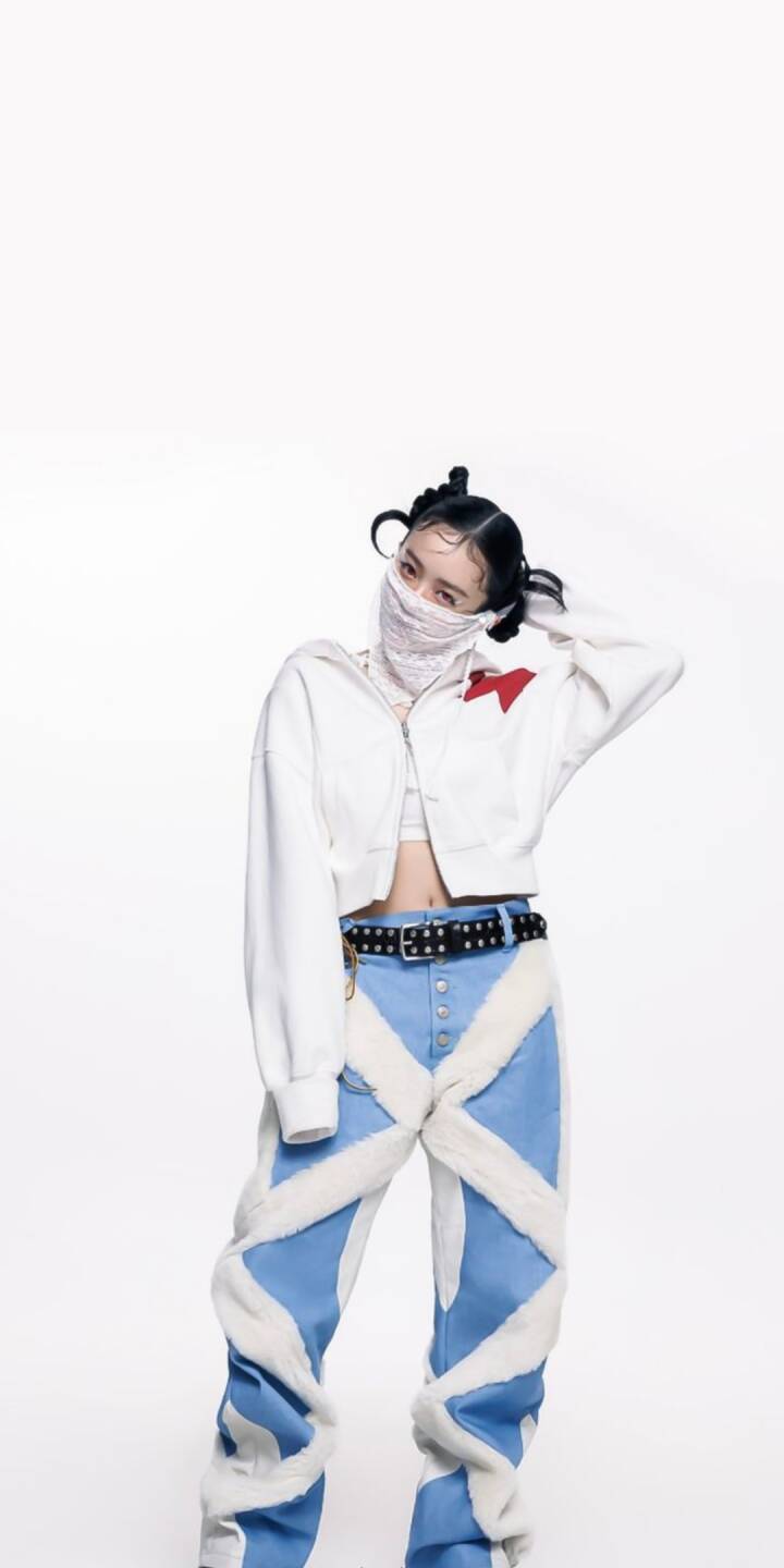 A chic masked woman with stylish space buns strikes a confident pose, her white cropped jacket contrasting with the bold blue and white fur-striped jeans in this captivating 4K wallpaper. Perfect for an iPhone, this wallpaper showcases a unique streetwear aesthetic. | artist A chic masked woman with stylish space buns strikes a confident pose, her white cropped jacket contrasting with the bold blue and white fur-striped jeans in this captivating 4K wallpaper. Perfect for an iPhone, this wallpaper showcases a unique streetwear aesthetic.